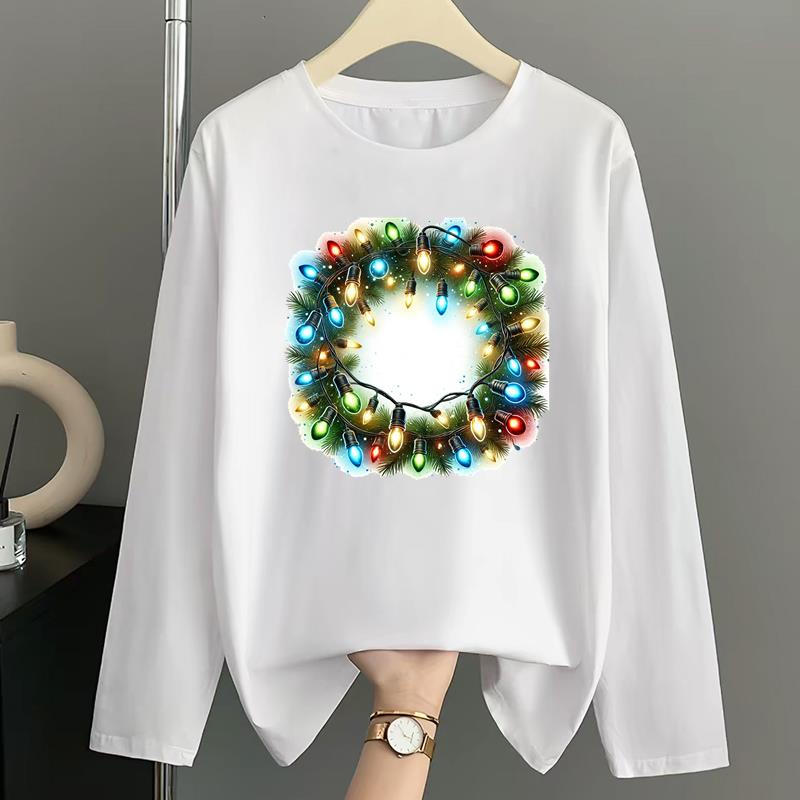 (Asian Size) Lovely Letter Merry Christmas New Year Graphic Tee Women Casual Fashion Top O-neck Clothing Print T Shirt Long Sleeve T-shirts
