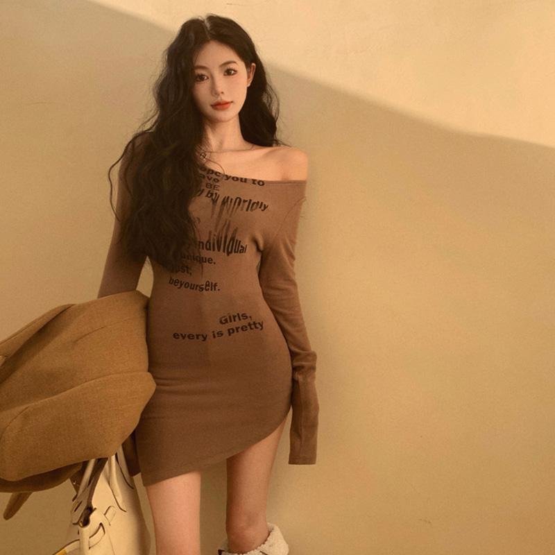 

Женское платье с принтом букв, облегающие платья, с открытым плечом One Size