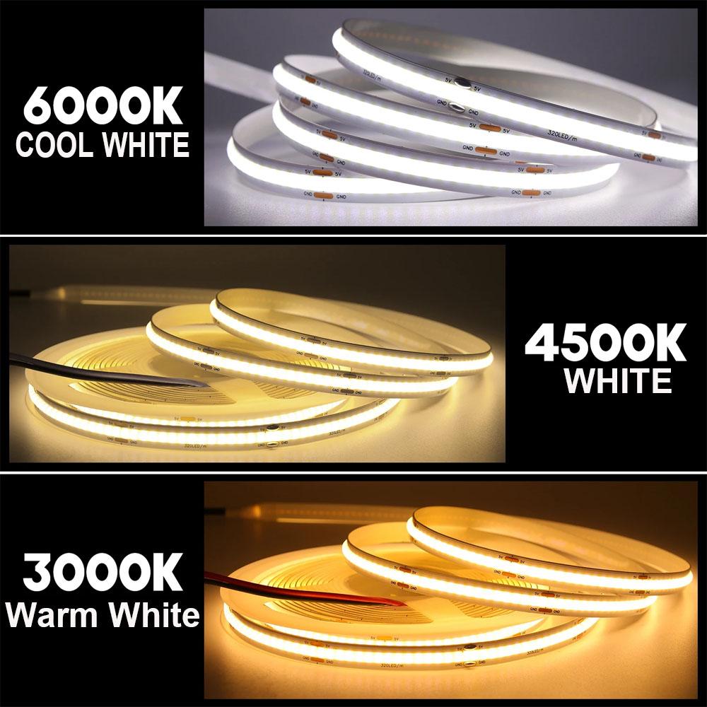 COB LED Strip Light 5V 12V 24V 320 400 LEDs Flexible Tape 5mm 3mm 8mm PCB Warm White/White High Density Linear Lights