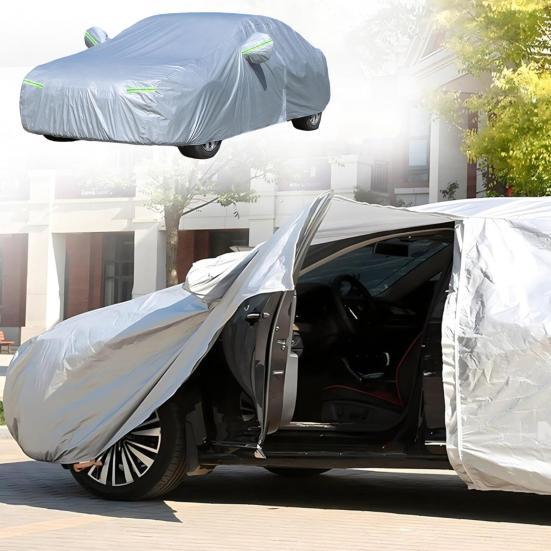 All Season Car Cover with Reflective Stripes Waterproof UV Reflective Snowproof Windproof Outdoor Vehicle Cover for Sun Rain Snow And Dust Universal