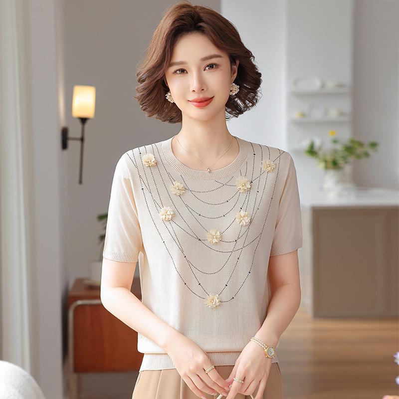 

Elegant Summer Knitwear: Short-Sleeve Round Neck Sweater for Middle-Aged & Elderly Women - Stylish Mother s Outfit 3XL (Recommended 60-67.5 kg) бежевий