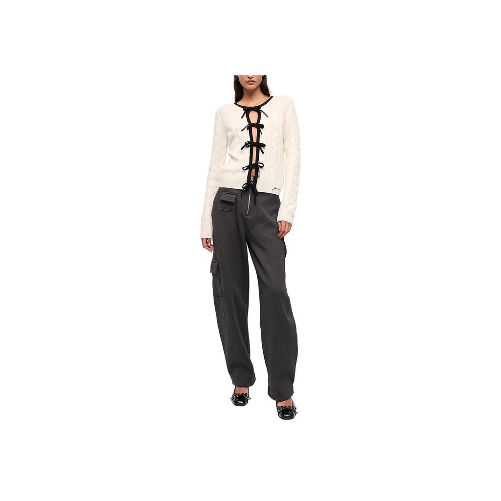 Ganni FW24 Textured Cable Knit Crew Neck Tie Long Sleeve Slim Fit Sweater Women sweater Egret K2412135