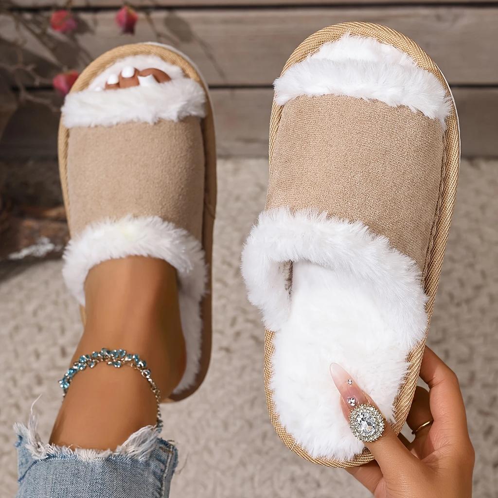 Fashion Woman Street Plush Fuzzy Open-Toe Slippers For Season Fashion Faux Fur Slides Women's Indoor Outdoor Memory Foam Soft Flat Shoes
