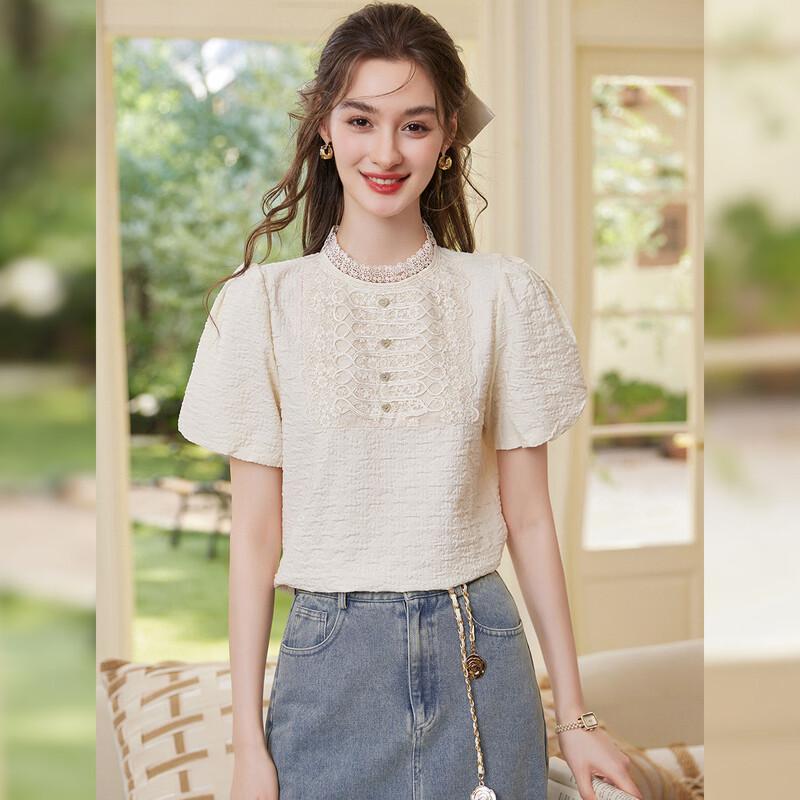 Bailuyu Women s Sweet Puff Sleeve Blouse with Frog Buttons S