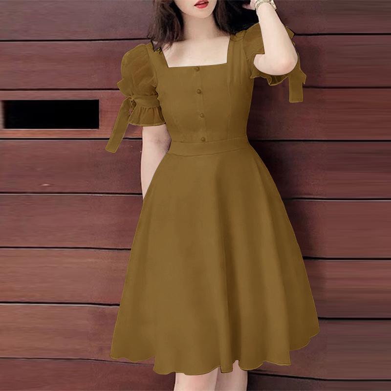 ZANZEA Womens Square Collar Casual Mesh Splice Short Sleeve A-Line Dress