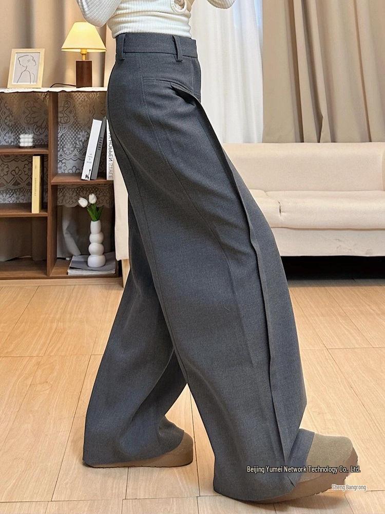 Plus Size Retro Grey High-Waist Pleated Suit Pants, Women's Autumn Wide-Leg Floor-Length.