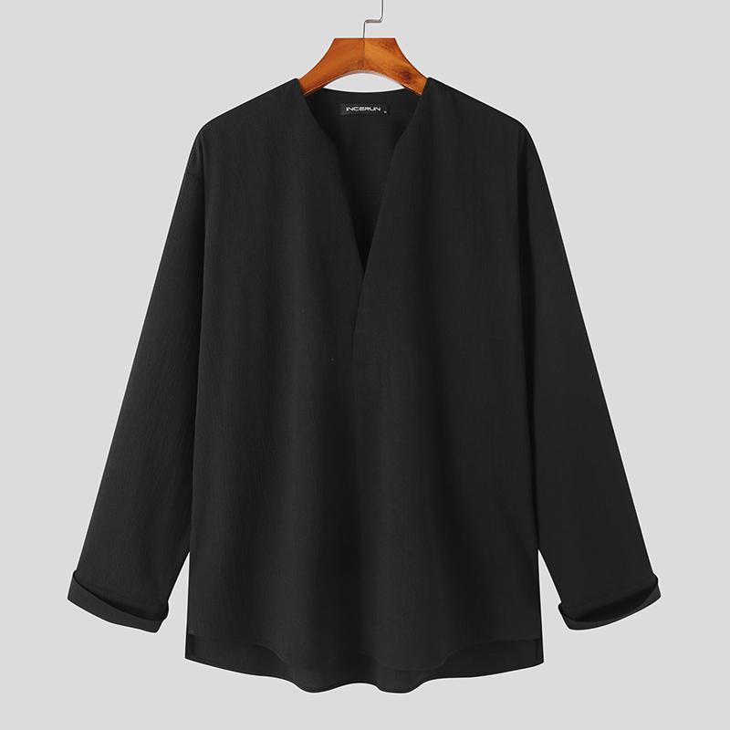 

INCERUN Весенние мужские однотонные рубашки с длинными рукавами и топы