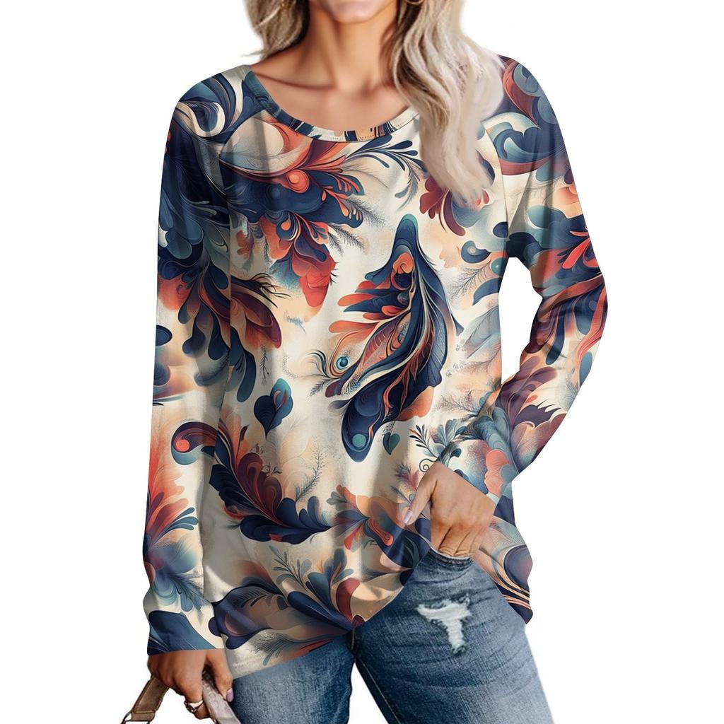 Women's Fashion Casual Long Sleeve  Print Round Neck Pullover Top Blouse