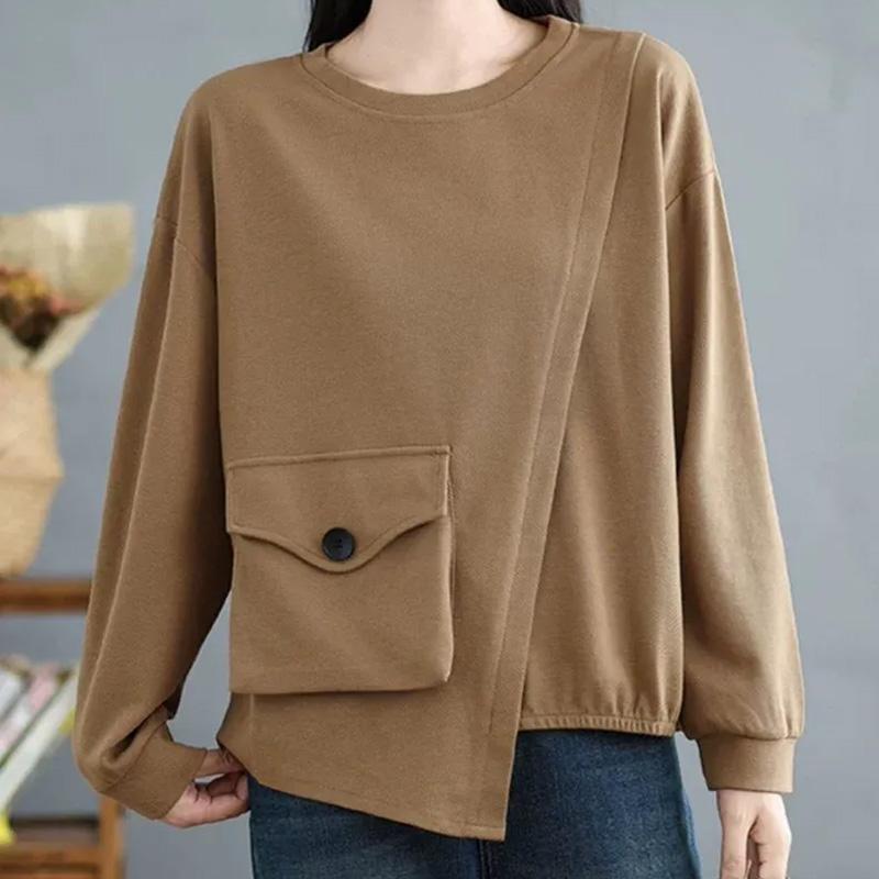 Pullovers Women Long Sleeves Autumn Winter Cotton Blouse Oversized Comfortable Stretch Solid Color Round Neck Loose Tops