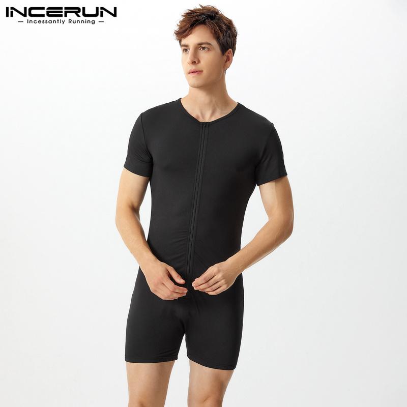 INCERUN Summer Men Short Sleeve Front Zipper Jumpsuits Sleepwear Pajamas Homewear