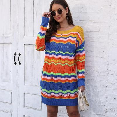 Women's Autumn and Winter Rainbow Pattern Woven Patchwork Stripe Pullover Sweater Dress