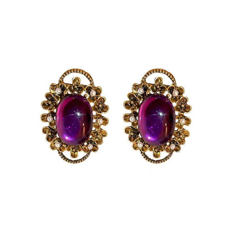 Purple Gemstone Stone Hole-less Ancient Pearl Ear Clip Earrings for Women