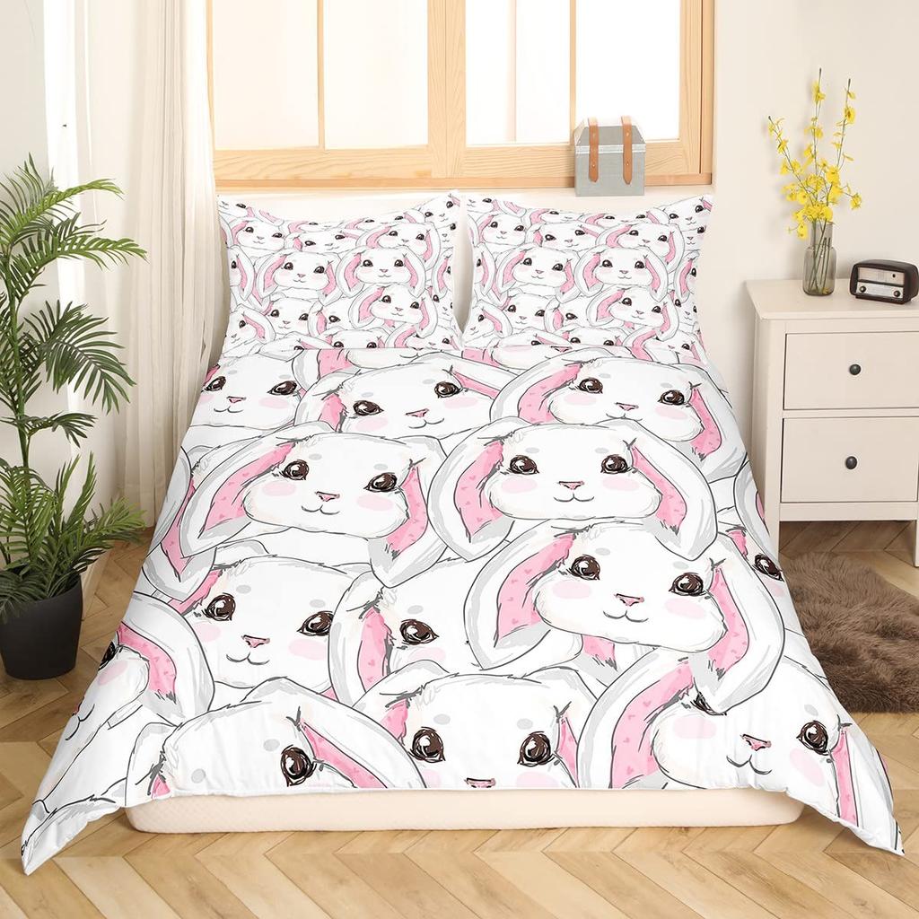 Rabbit Print Kids Girls King Queen Duvet Cover Cartoon Pink Little Bunny Comforter Cover Animal Floral Polyester Bedding Set