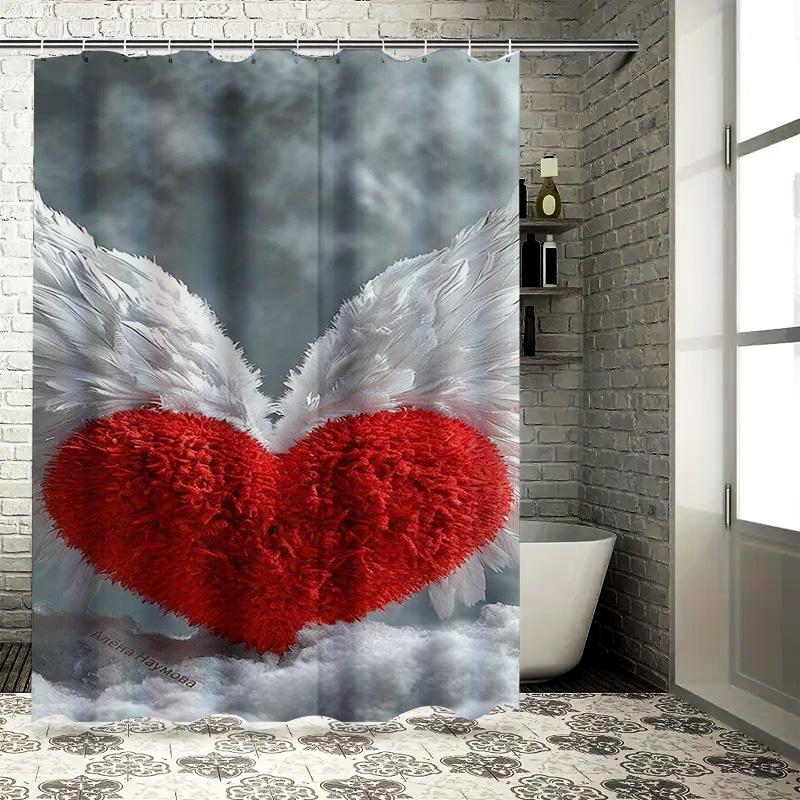 Red Heart with Angel Wings Waterproof Shower Curtain Heat Resistant Machine Washable Non-Transparent 180x180cm