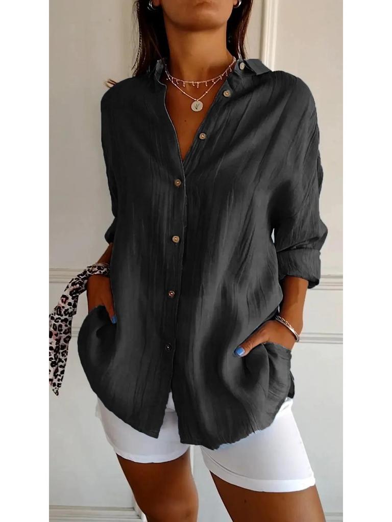 2024 Damen Einfarbiges Plissee-Revershemd mit Aufkrempelärmeln - Europäischer & Amerikanischer Stil