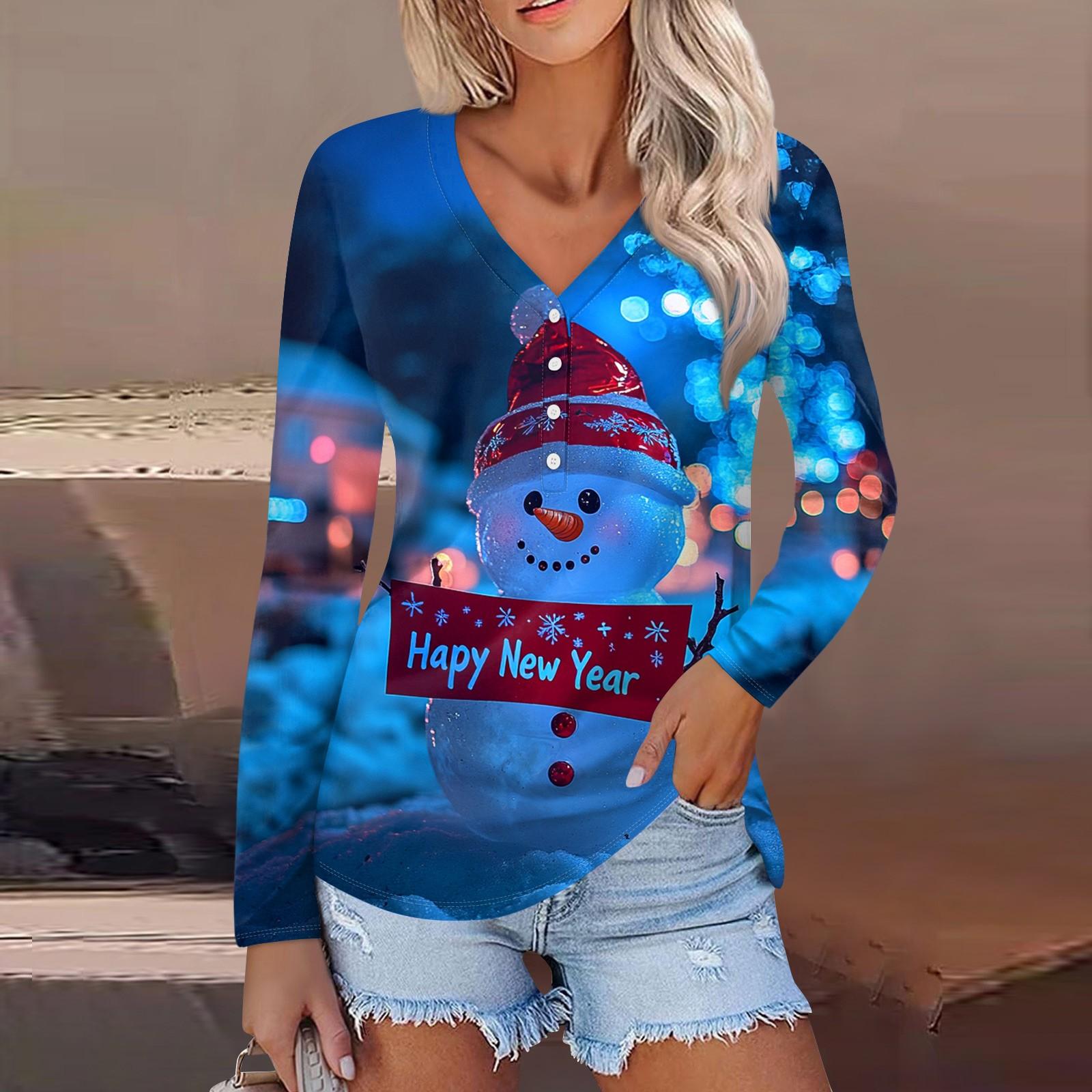 

Женская повседневная мода сексуальный комфорт рождественский принт V-образный вырез пуговицы длинный рукав XXXL тёмно-синий