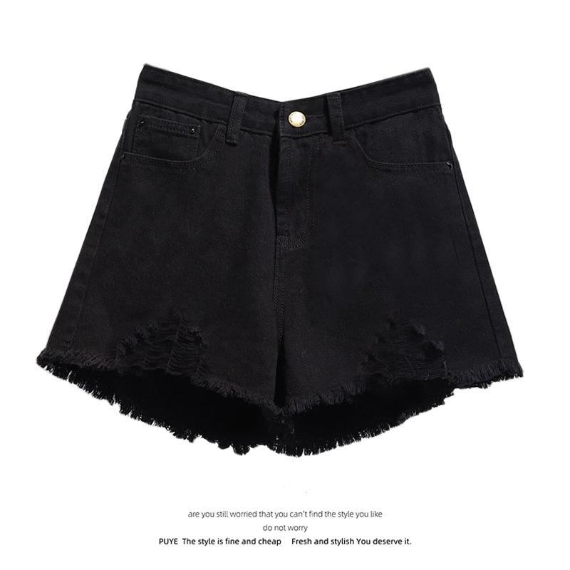 Classic and Minimalist Fashion Versatile Broken Holes Female Summer High Waist Thin Thin Section Loose A-line Denim Shorts Individuality Trendiness