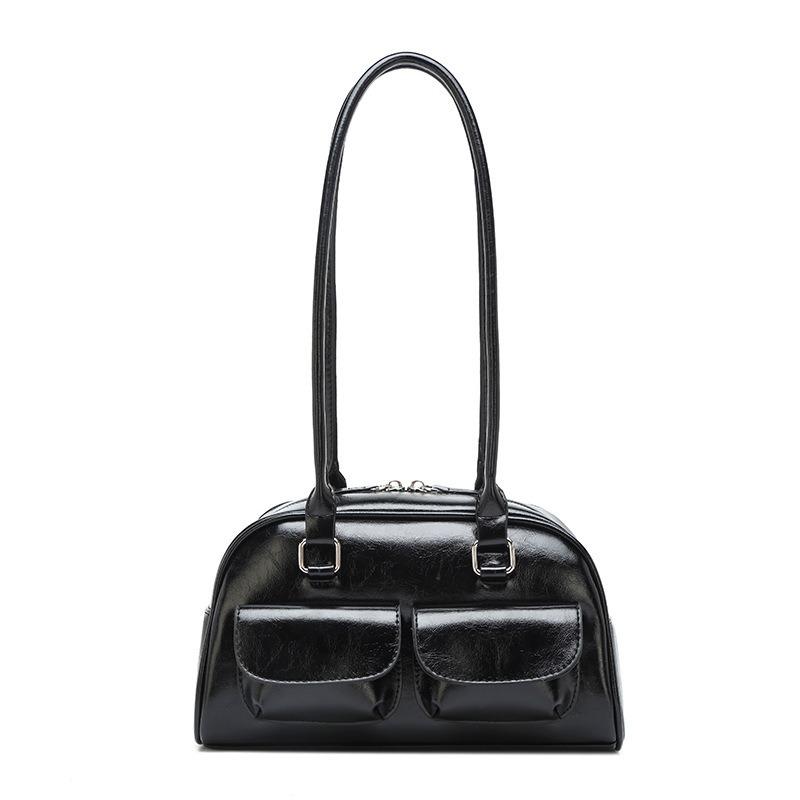 Korean Yunzhen Oil Wax Leather Bowling Bag Multi-Pocket Underarm Bag Commuter Handbag Shoulder Bag Crossbody Bag