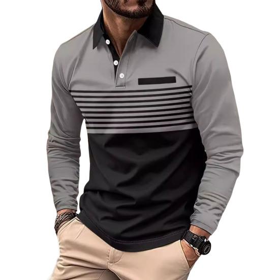 

Yousheng Men Spring Fall Shirt Buttoned Turn-down Collar Contrast Color Striped Prinitng Long Sleeves Pullover Mid Length Casual Business Top XXXL сірий