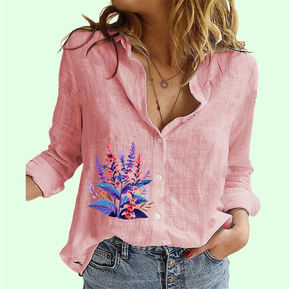 Women Fashion Button-up Shirt Summer&fall Cotton Linen Floral Print  Top Ladies Casual  Long Sleeve Blouse