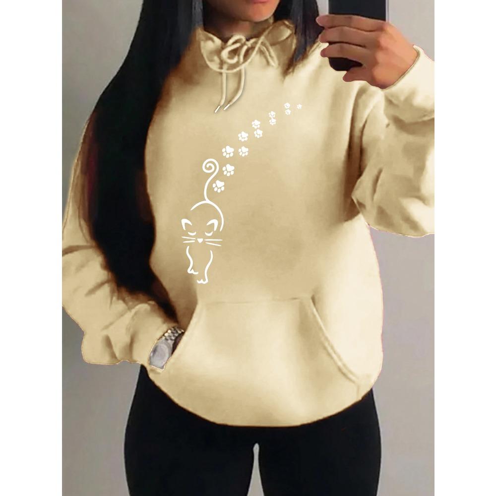 Cats And Footprints Creative Design Female Sweatshirt Hip Hop Pocket Hoodies Creativity Warm Pullover Street Style Fleece