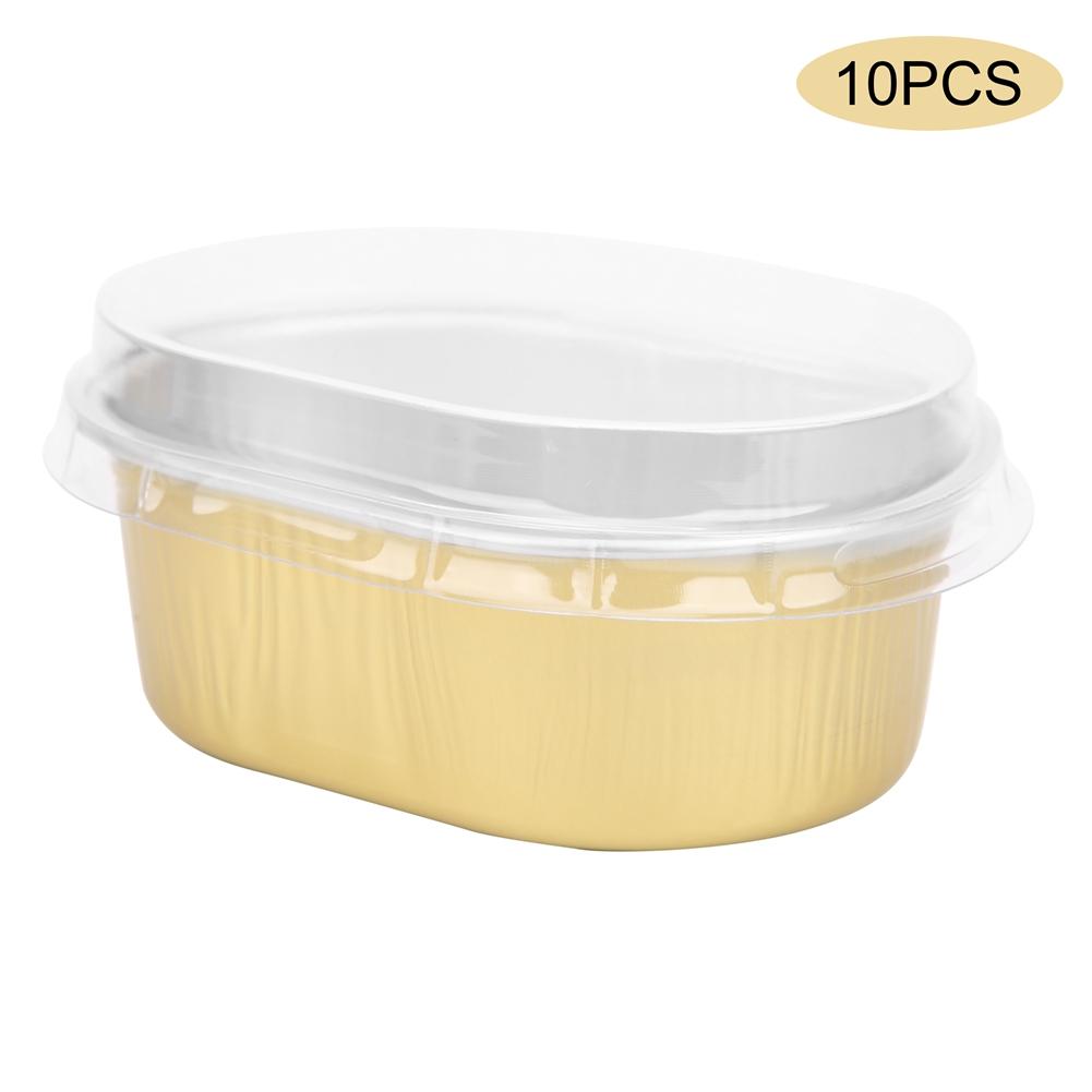 10Pcs Disposable Oval‑Shaped Aluminum Foil Cake Baking Cup Mold with Lid Kitchen Accessory(Gold )