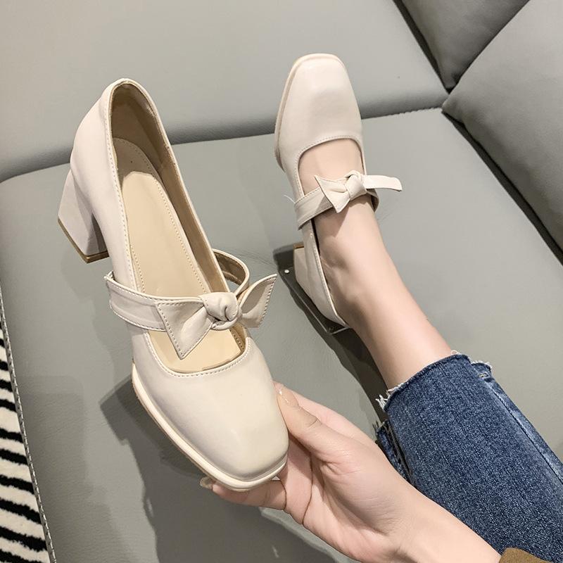 New square-headed fairy gentle shoes medium heel thick heel ladyshoes high heel Mary Jane single shoes women