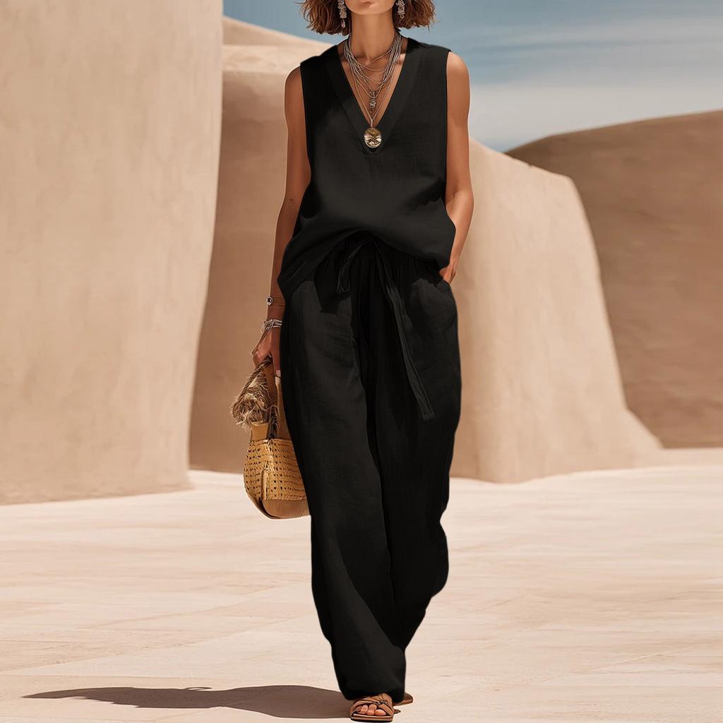 Women Sleeveless V Neck Loose Fit Pullover Top High Waist Wide Leg Pants Set Casual Two Piece Outfit