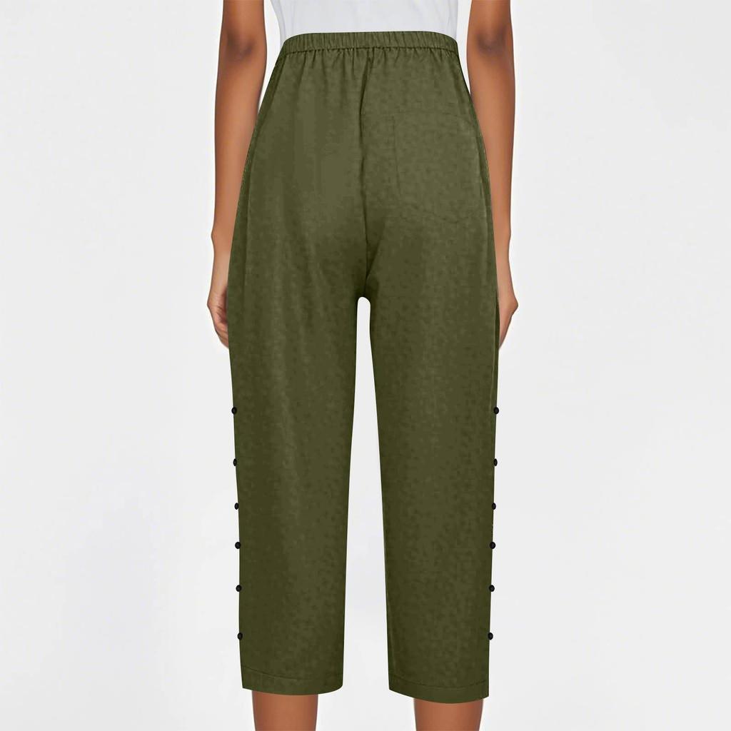 Women Casual Side Button Up Trendy Pants Baggy Elastic Waist Straight Leg Comfort Trousers With Pocket