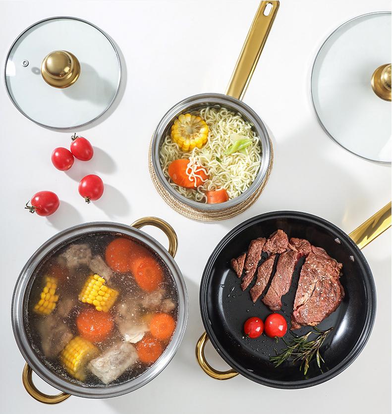 Pentola Antiaderente in Acciaio Inossidabile, Manico Placcato Oro, Doppio Fondo, Pentola per Zuppa, Lattiera, Set Combinato Padella, 12 Pz