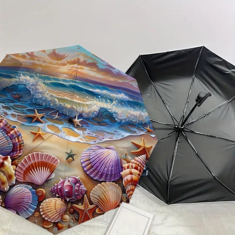 1pc Seashells and Starfish Beach Scene Umbrella with Plastic Handle,Suitable for All Seasons Home Travel Outdoor UmbrellaDD1461