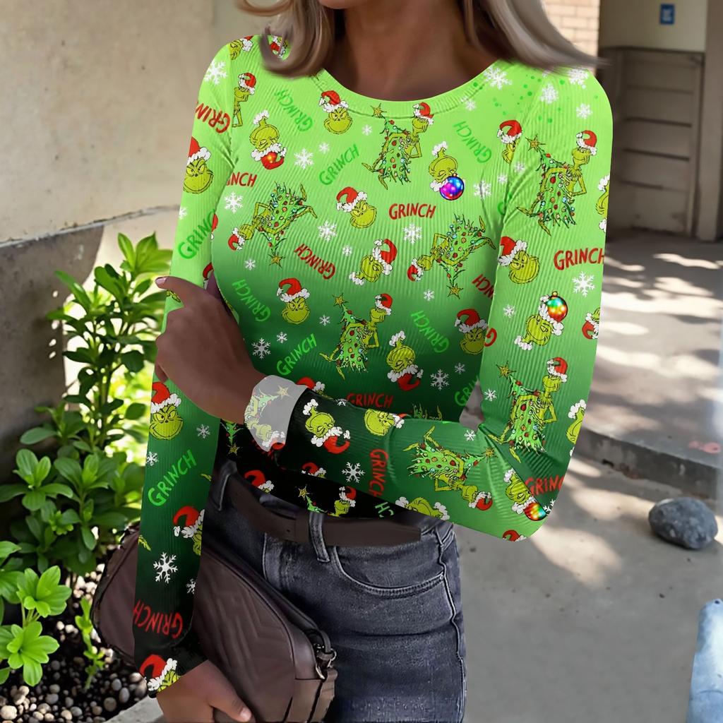 Women's Slim Fit Long Sleeve T-Shirt with Christmas Graphic, Neck Pullover Top for Holiday
