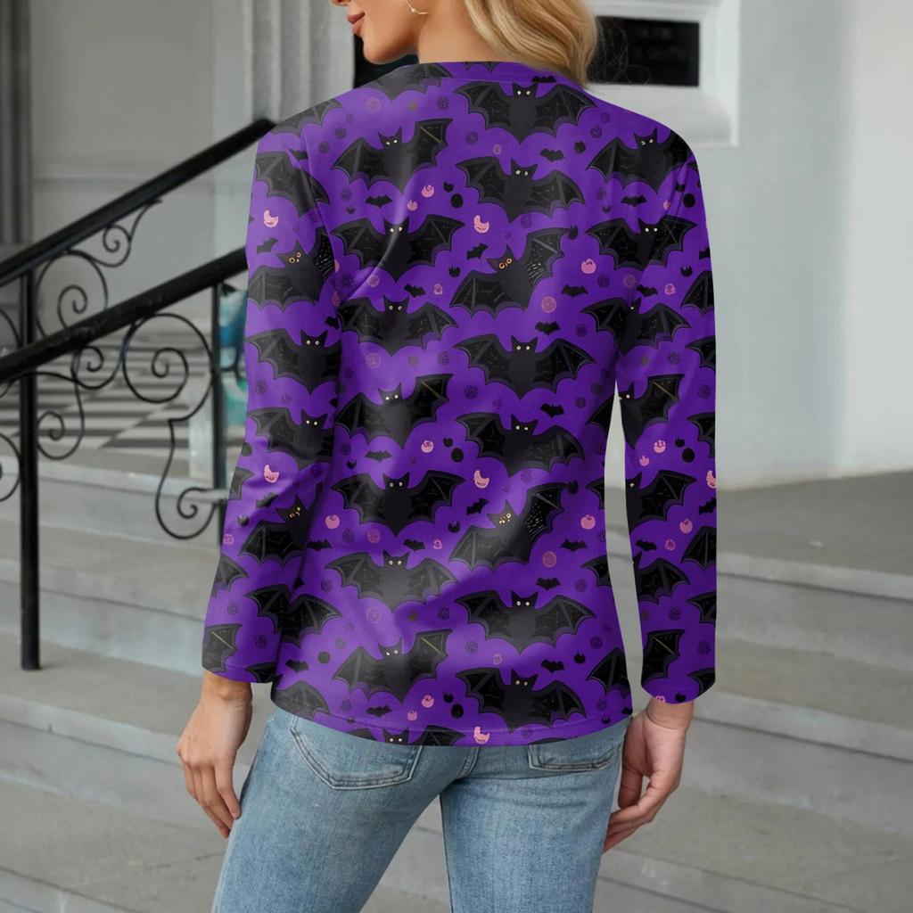 Women's Casual Fashion Sexy Comfort Halloween Printed V-Neck Button Long Sleeve