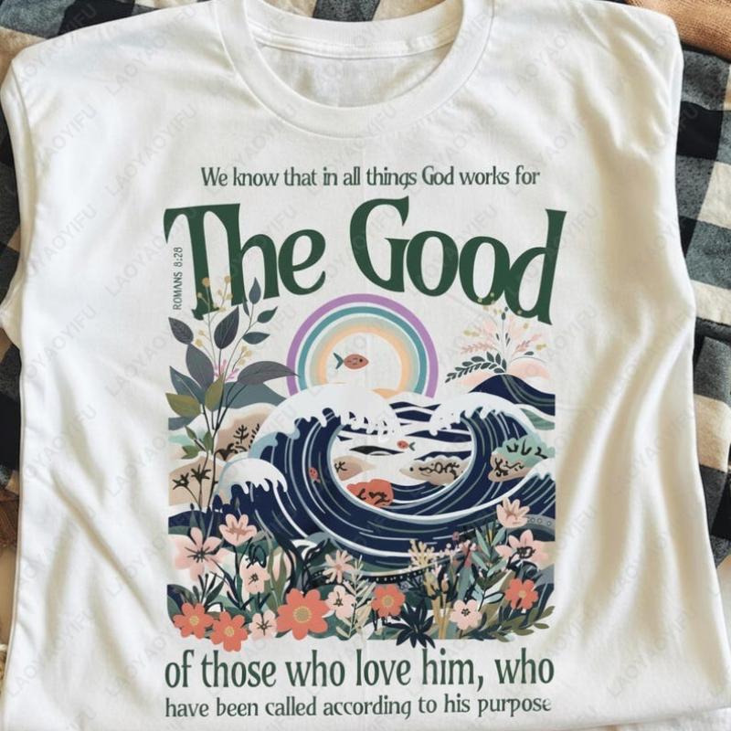 Christian Bible Unisex Cotton Tshirts All Things Work for Good Scripture Tee Faith Floral Ocean Oneck Printed Women Tops Gifts