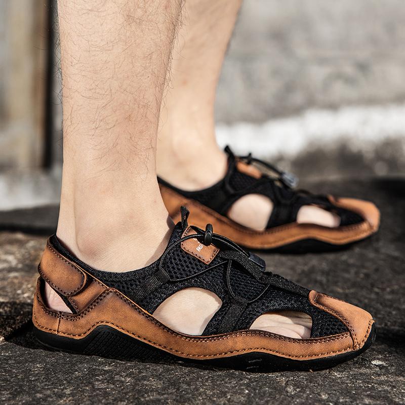 

Мужские сандалии ручной работы, черные уличные летние римские сандалии для мужчин, пляжная обувь больших размеров EU:46 коричневый