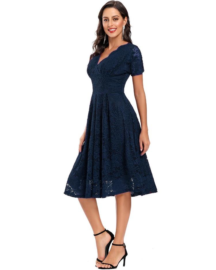 Bright Deer Women's Lace Cocktail Dress V Neck Short Sleeve Fitted Waist Midi Prom Bridesmaid Wedding Guest Party Evening Occasion Outfit