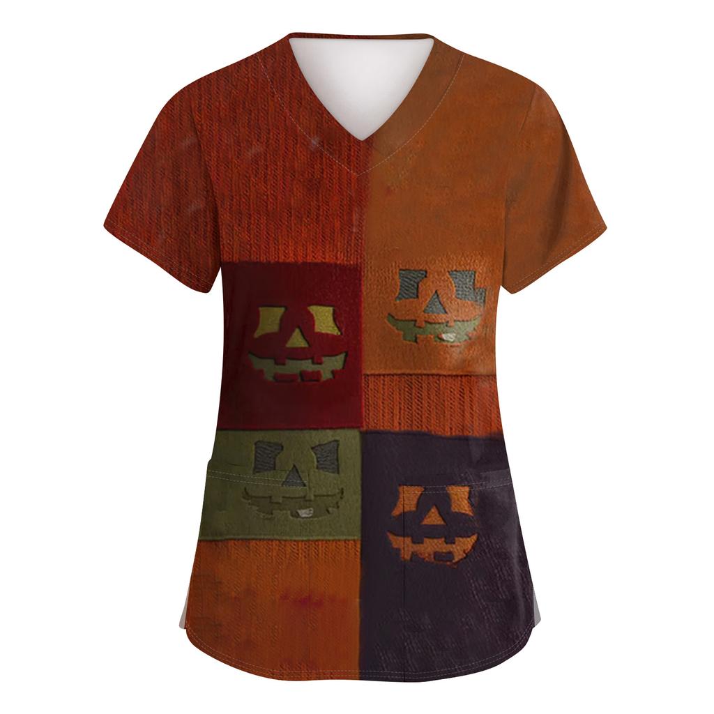 Women's Fashion Short Sleeve Halloween Print V-Neck Pocket Workwear Tops