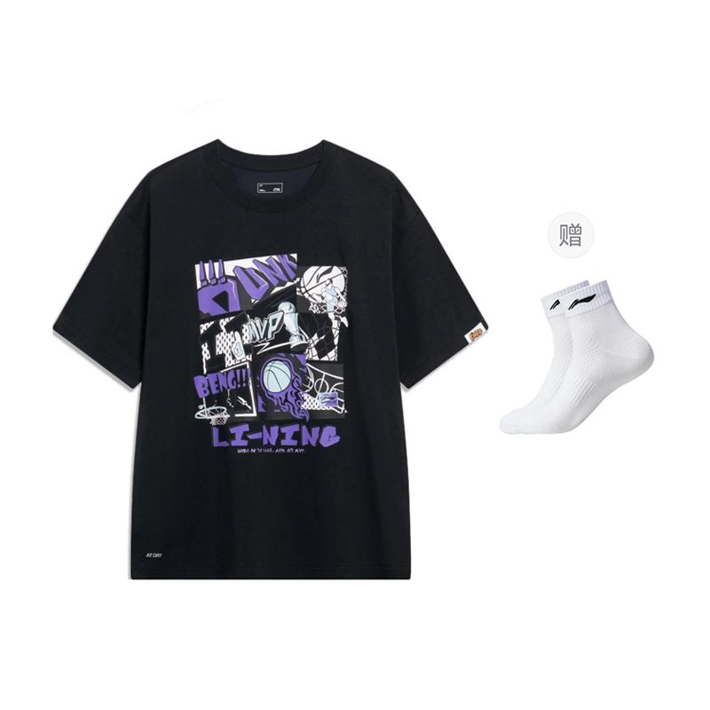 Li Ning Sports Life Collection T-Shirts Herren Schwarz Rundhals Mittlere Normale Passform AHSUD81-2
