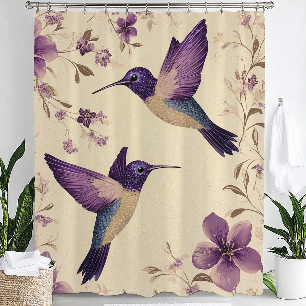 1pc Flowers Hummingbird Shower Curtain: Embrace the Artistic Design, Floral Bathroom Decorative Curtain, Home Curtain with Hooks