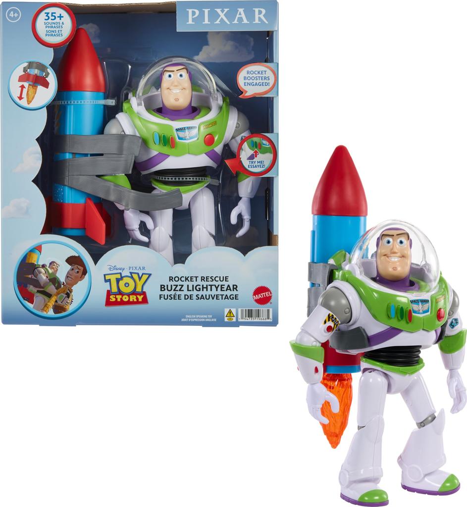 Mattel Disney & Pixar Toy Story Buzz Lightyear 12-inch Scale Action Figure Toy with Rocket, Phrases & 20 Sounds, Rocket Rescue Pack, Buzz Pack, HTR73