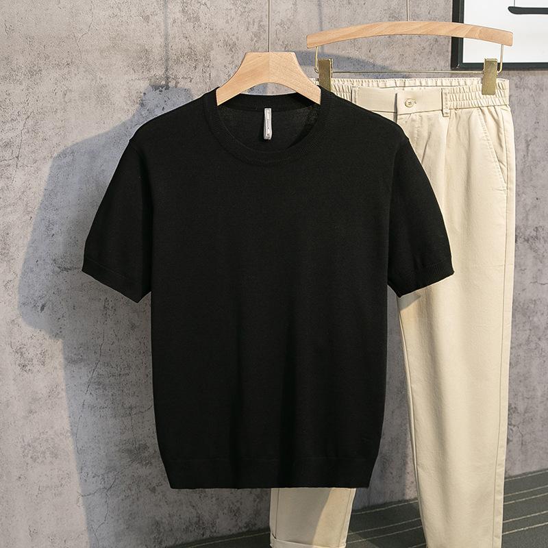 Spring and Summer Knitted Men's Short-sleeved T-shirt Round Neck Solid Color Base Simple