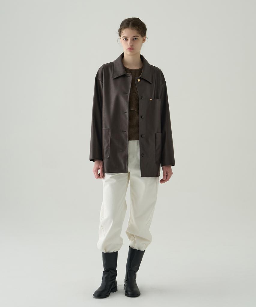 Drawfit Women Button Leather Half Jacket [D.Brown]