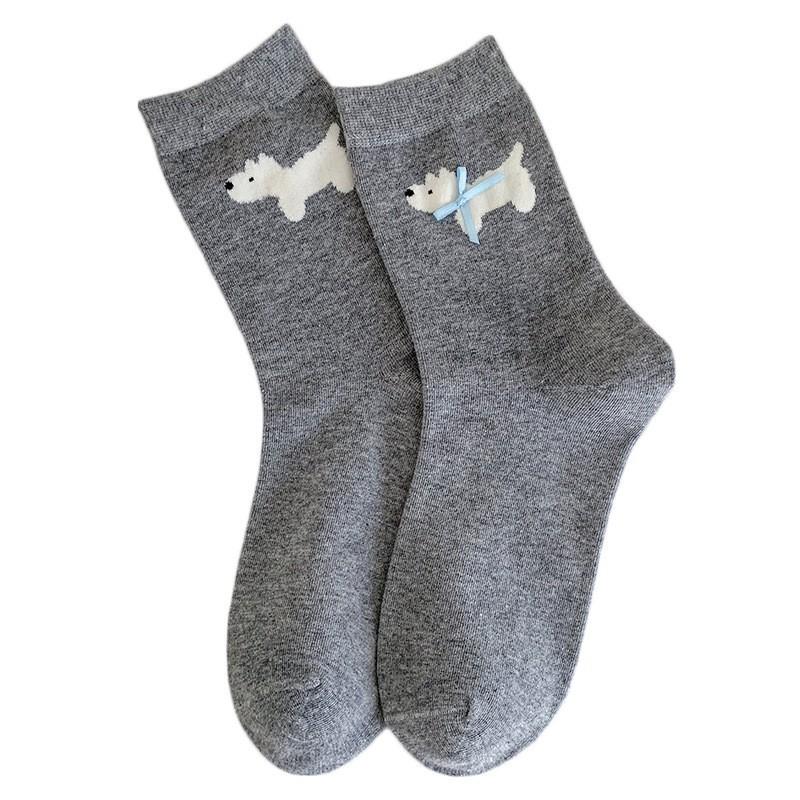 Bow Socks Medium Tube Socks Spring And Autumn Thin Pure Cotton Sweet Cute Cartoon Puppy Pile Socks Women