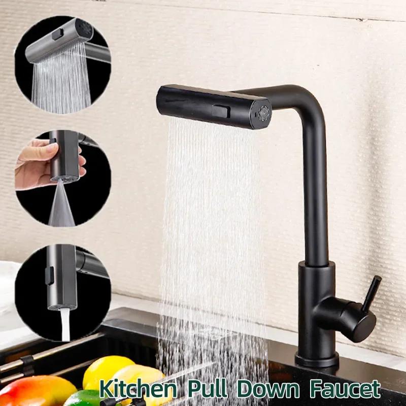 3 Modes Waterfall Faucet Stainless Steel Kitchen Faucets Single Handle Hot and Cold Mixing Tap Universal Rotation Pull Out Tap