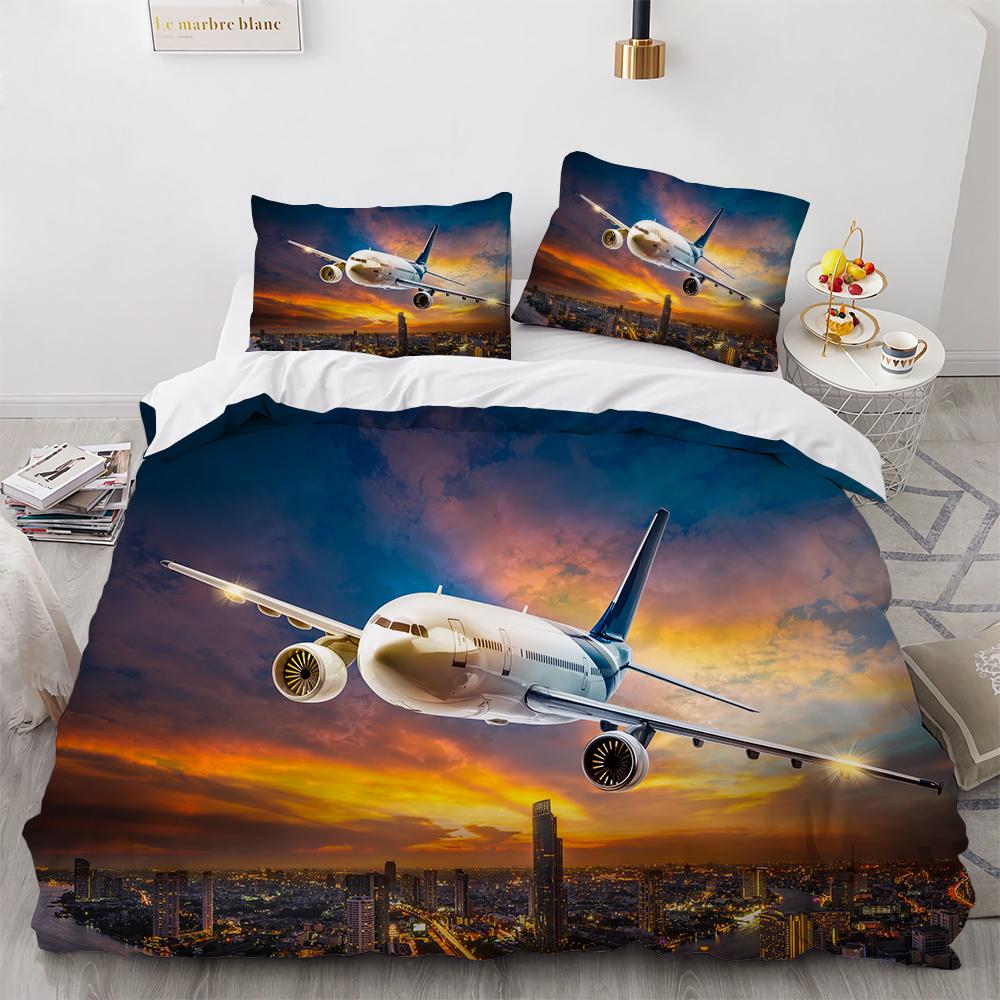 3D Flygplan Kung Drottning Påslakan Rosa Passagerarflygplan Sängkläder Set För Vuxna Himmel Hav Naturlandskap 2/3 st Polyester Täcke