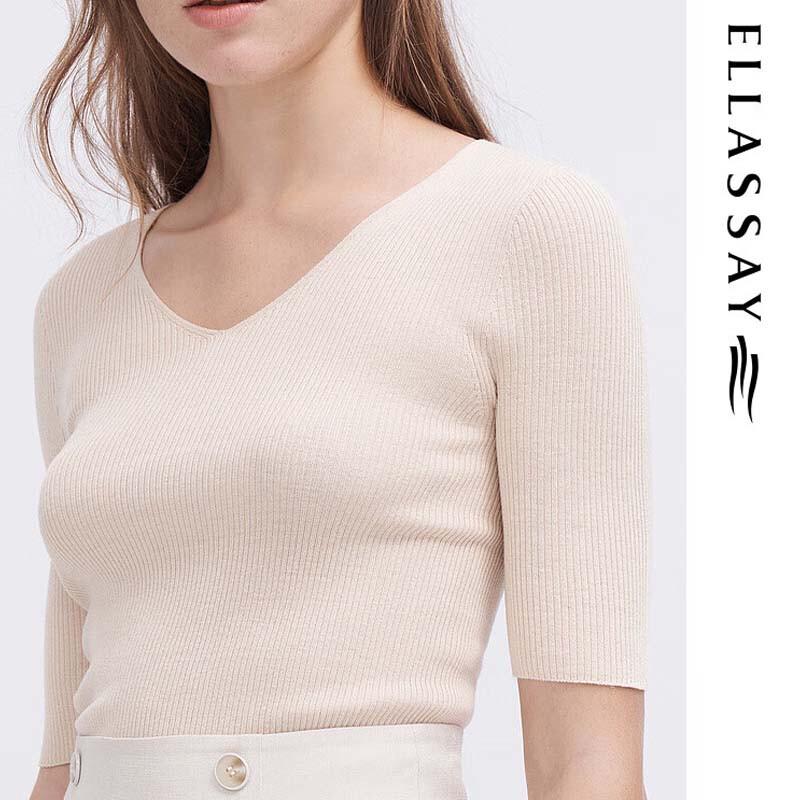 ELLASSAY Women's Mulberry Silk V-neck Short Sleeve Knit Top