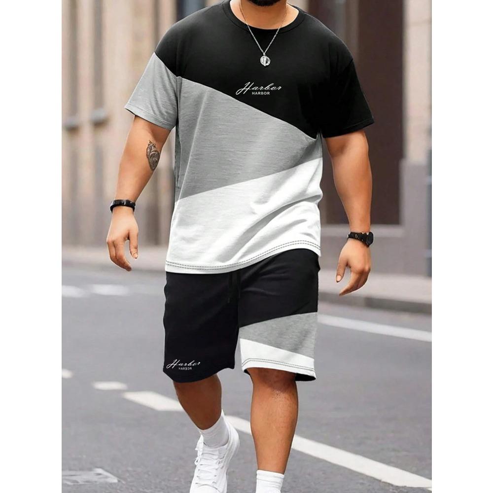 Contrast Color Short Sleeve Top Shorts Men's Summer Versatile Comfortable Fashionable Casual Drawstring Shorts Large Size Short Sleeved Sport Wear
