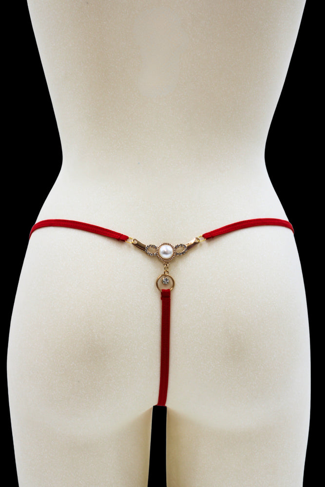 String Rouge Avec Bijou Perle &Amp; Strass Dorés Pa06 Mred