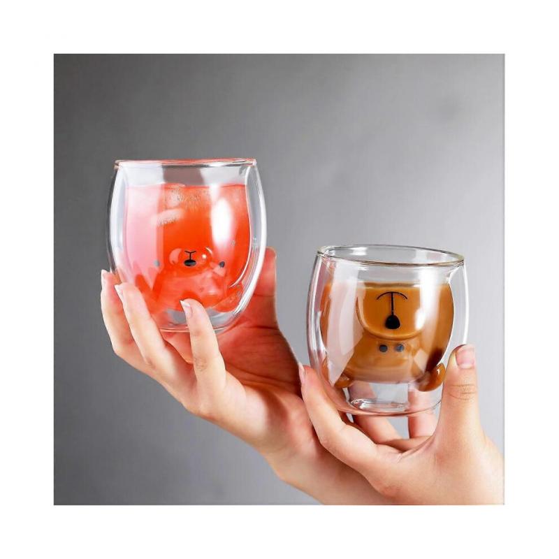 Bear Cup Cute Mugs for Women Glass Double Wall Insulated Glasses Espresso Cup, Coffee Cup, Tea Cup, Milk Cup, Best Gift for Women Birthday Christmas