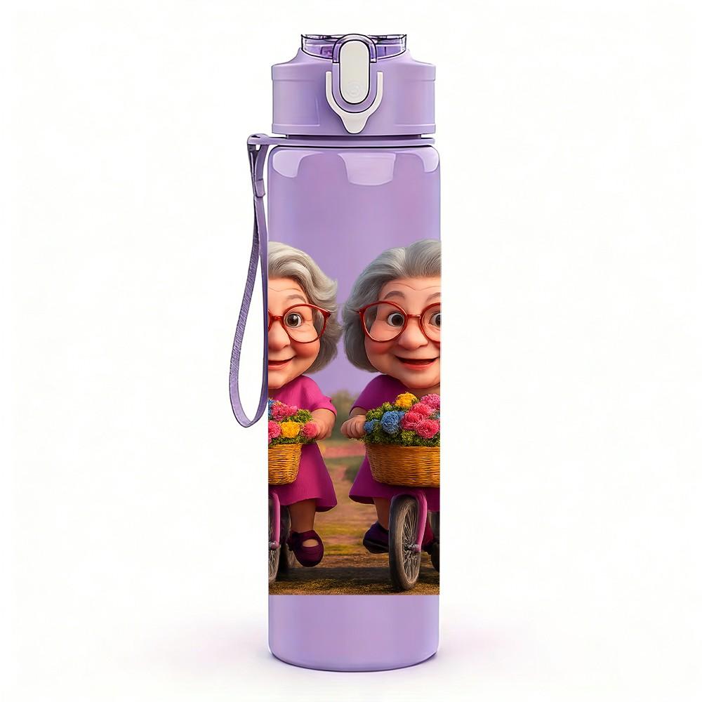 1PC Two Elderly Old Ladies Portrait Print 750ml Color Plastic Sports Water Bottle Leakproof Flip Straw Lid Suitable for Sports Office Home Use